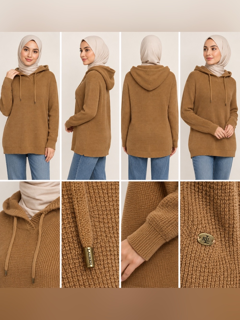 Lauren Ralph Lauren Waffle Knit Hooded Sweater Camel Tan Women's Size L